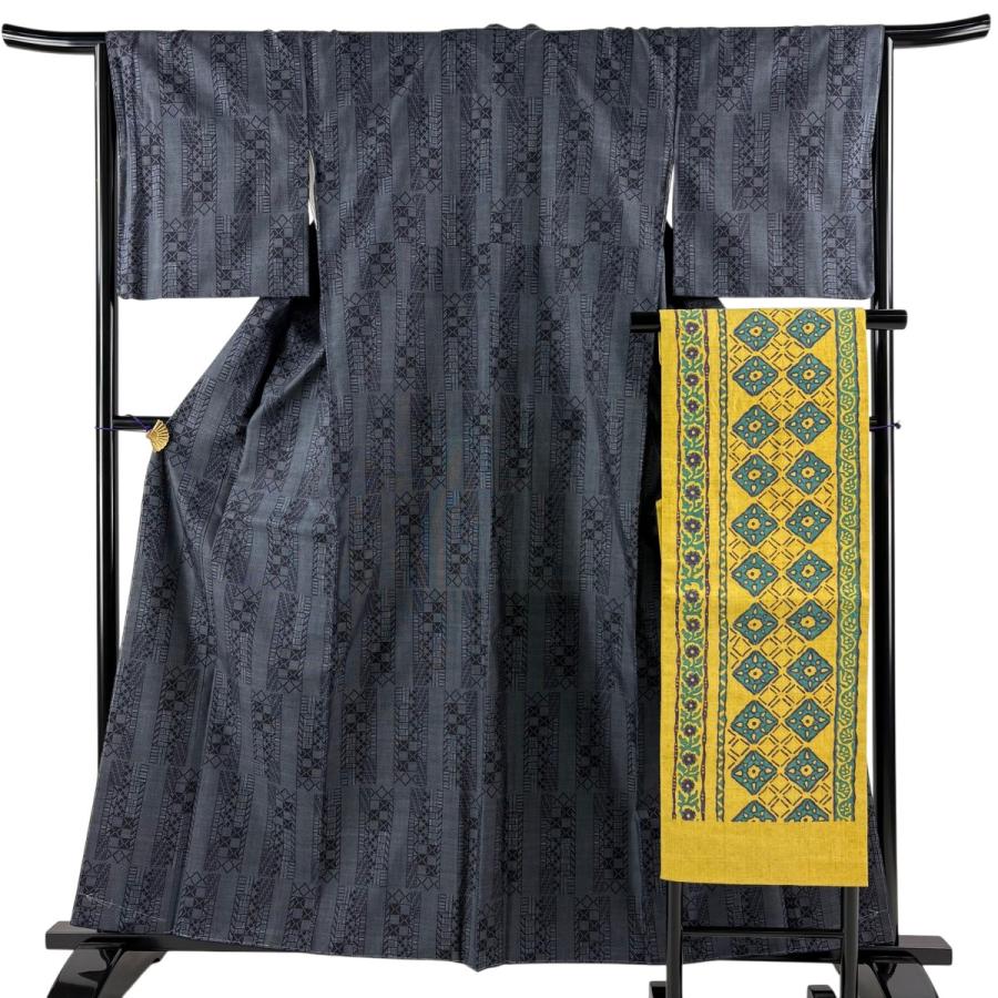 美品 大島紬 身丈160.5cm 裄丈65cm M 袷 名古屋帯セット 証紙あり 幾何