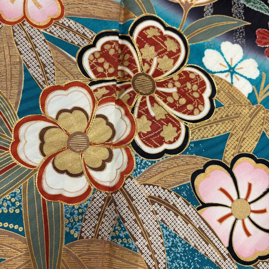 振袖 身丈158cm 裄丈65cm M 袷 袋帯フルセット 桜 笹 金糸 金彩 黒