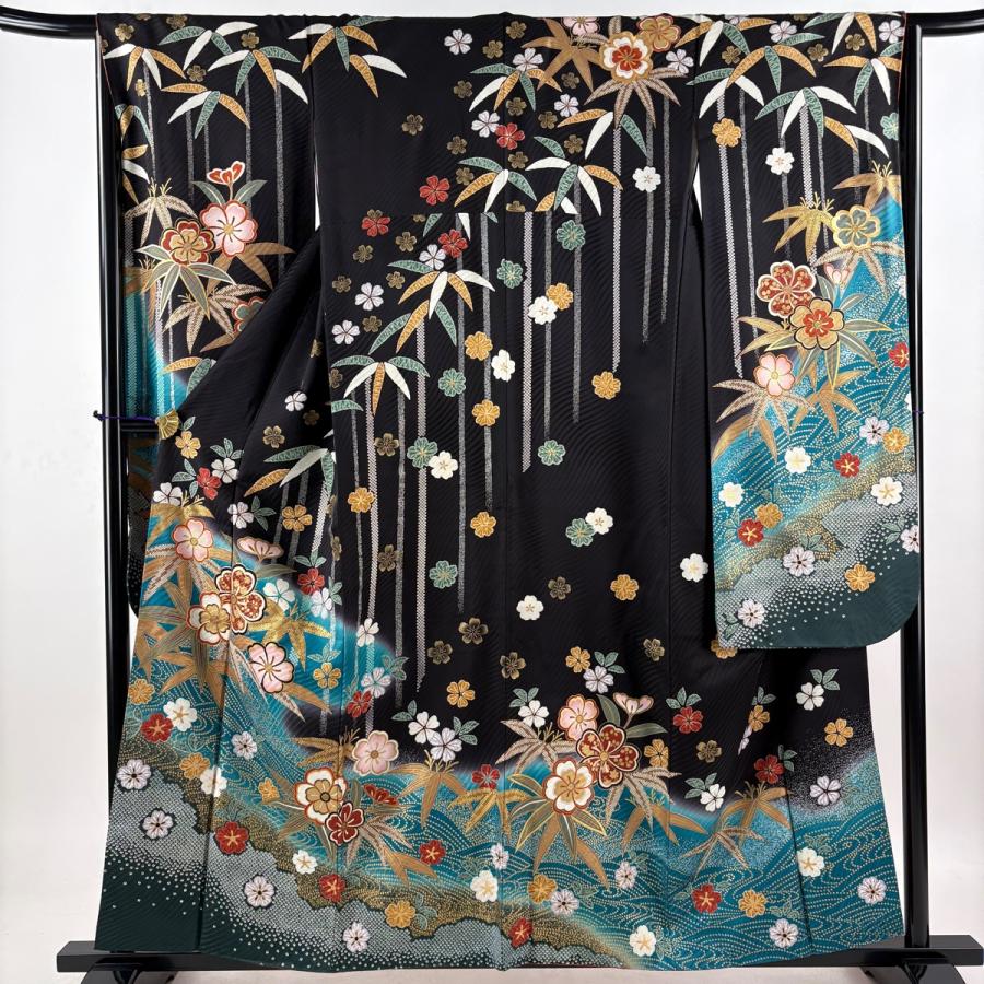振袖 身丈158cm 裄丈65cm M 袷 袋帯フルセット 桜 笹 金糸 金彩 黒