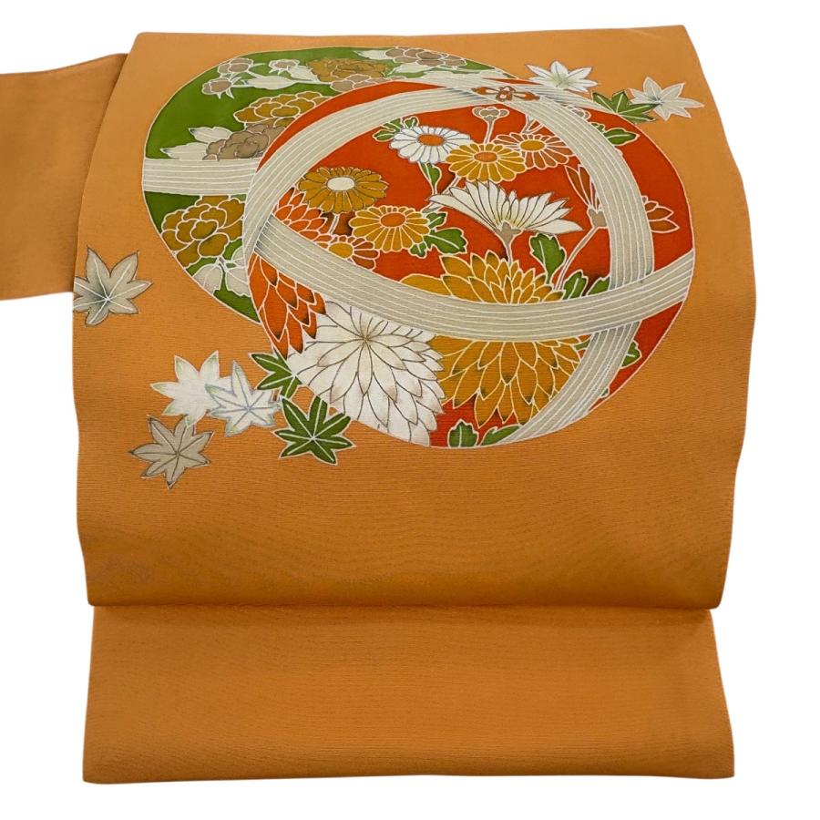 名古屋帯 逸品 手鞠 草花 金銀彩 薄オレンジ 正絹 中古 : リユース 