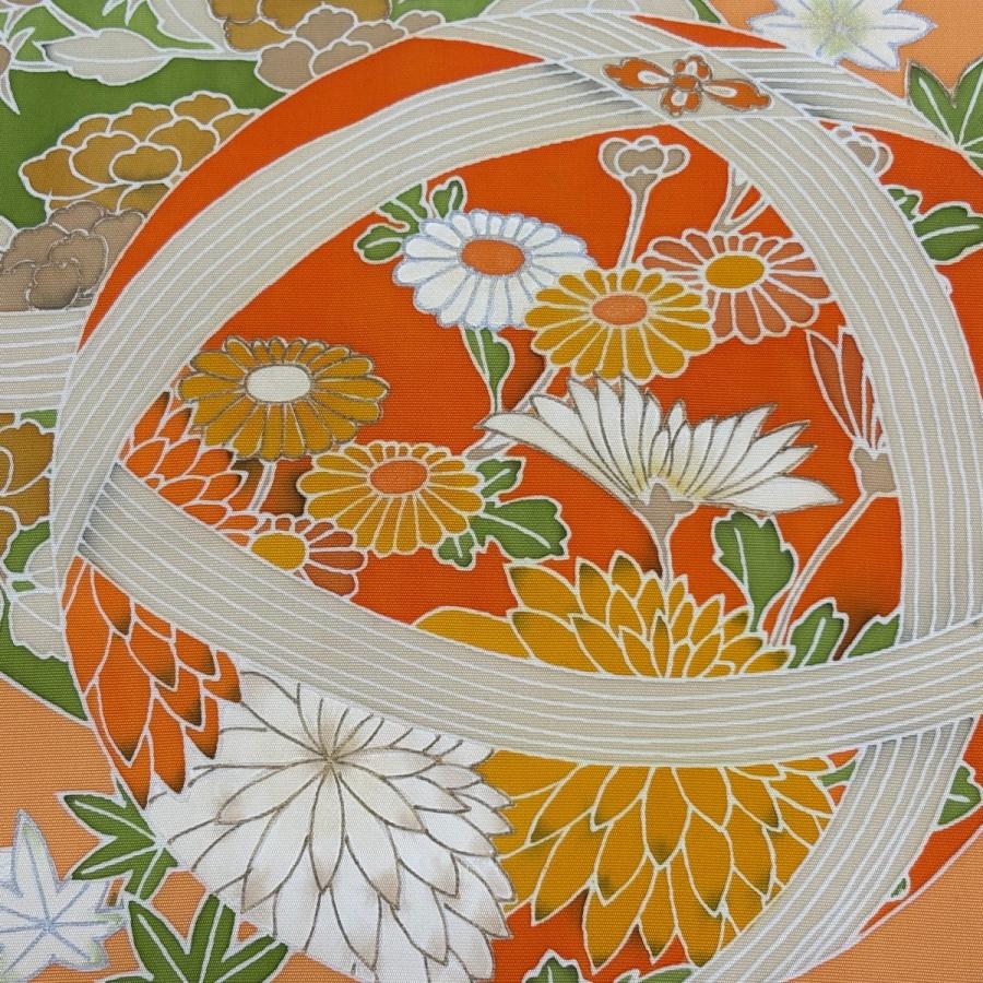 名古屋帯 逸品 手鞠 草花 金銀彩 薄オレンジ 正絹 中古 : リユース 