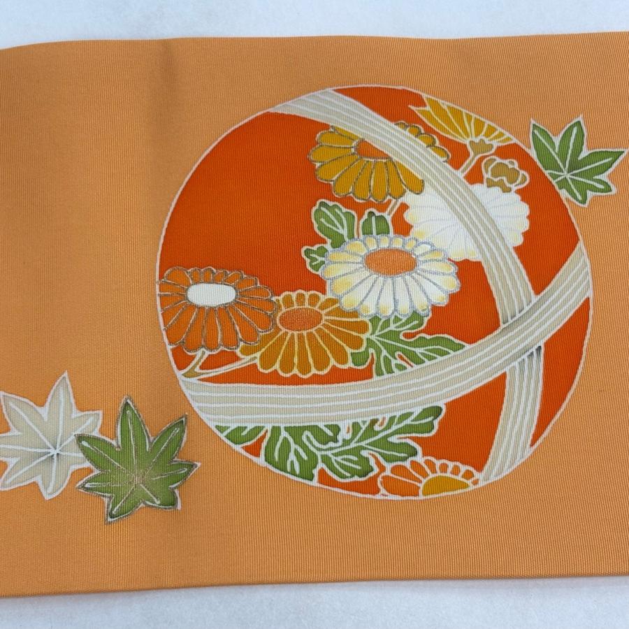 名古屋帯 逸品 手鞠 草花 金銀彩 薄オレンジ 正絹 中古 : リユース 