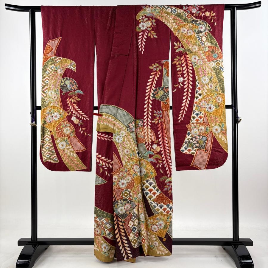 美品 振袖 身丈161cm 裄丈68cm L 袷 翠山工房 落款あり 辻が花 扇 金 