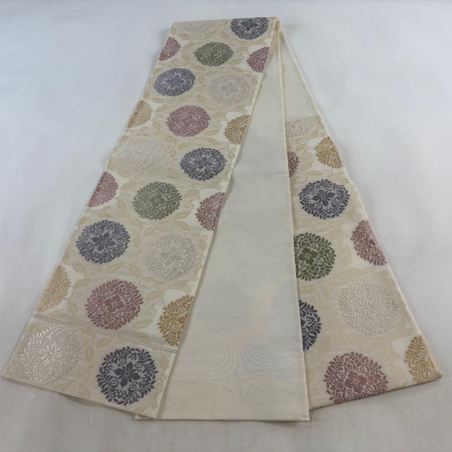 専用帯8994 ●高級 正絹 絽 夏帯 六通 袋帯 袋帯 逸品 夏帯 絽 八つ藤の丸 唐草 箔 クリーム 六通 正絹 中古