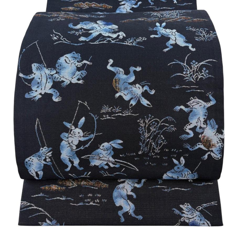 美品】鳥獣戯画柄 袋帯 美品 袋帯 逸品 鳥獣戯画 金糸 濃紺 六通 正絹 中古 : リユース