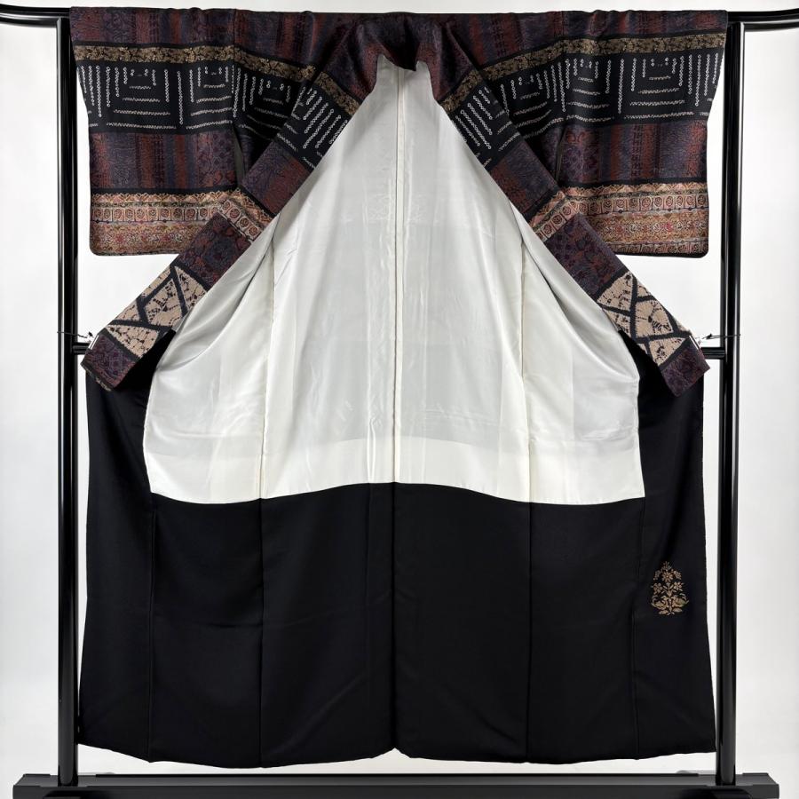 美品 訪問着 身丈154cm 裄丈64cm M 袷 落款あり 鳥 幾何学 金彩 絞り 黒 正絹 名品 中古_2