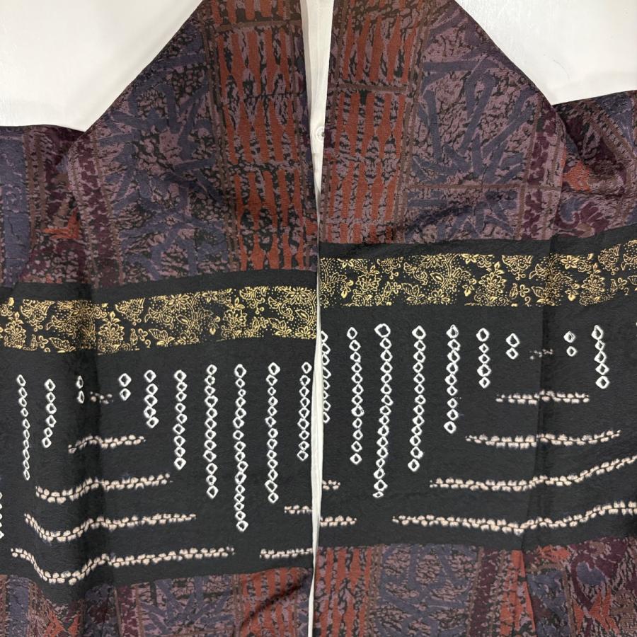 美品 訪問着 身丈154cm 裄丈64cm M 袷 落款あり 鳥 幾何学 金彩 絞り 黒 正絹 名品 中古_5