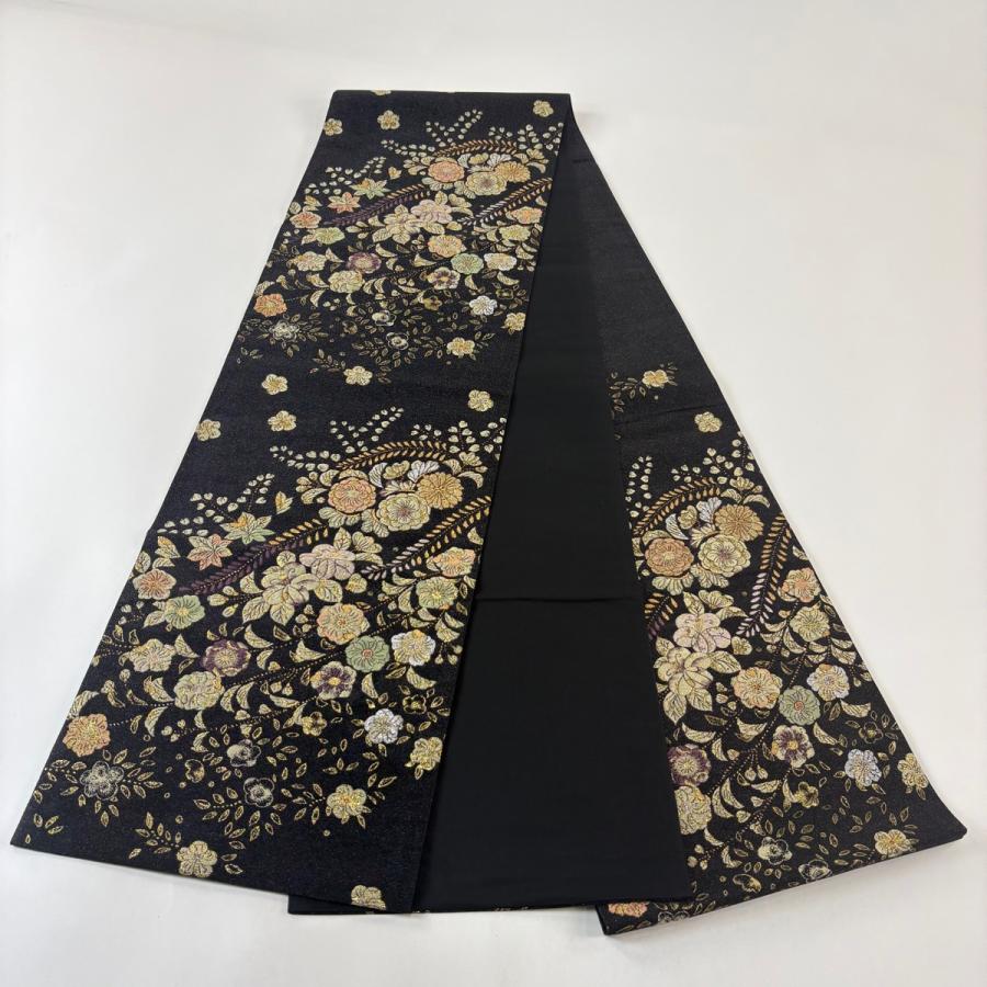 美品 袋帯 名品 やまと 草花 金糸 箔 黒 六通 正絹 中古 : リユース 