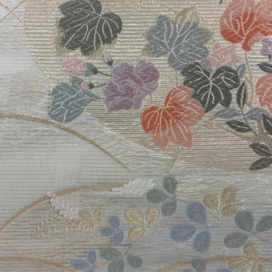 袋帯 名品 夏帯 絽 草花 芝 箔 金糸 薄緑 六通 正絹 中古 : リユース