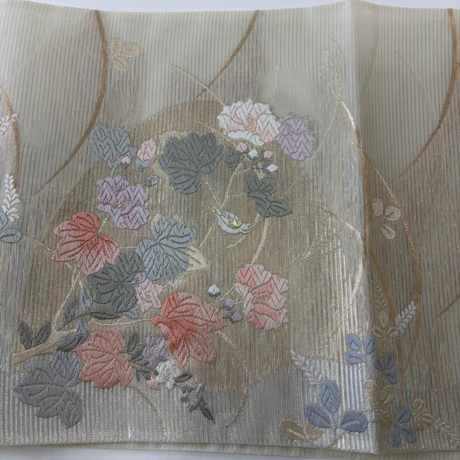 絹 名古屋帯 六通　シルバー箔　正装用にも　夏帯 草花柄ベージュ 銀糸刺繍 袋帯 名品 夏帯 絽 草花 芝 箔 金糸 薄緑 六通 正絹 中古 : リユース