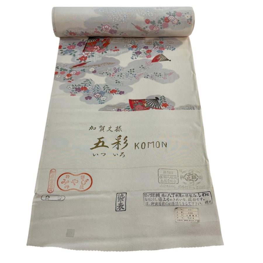 反物 秀品 小紋 五彩 加賀文様 扇 椿 金彩 ベージュ 正絹 中古 
