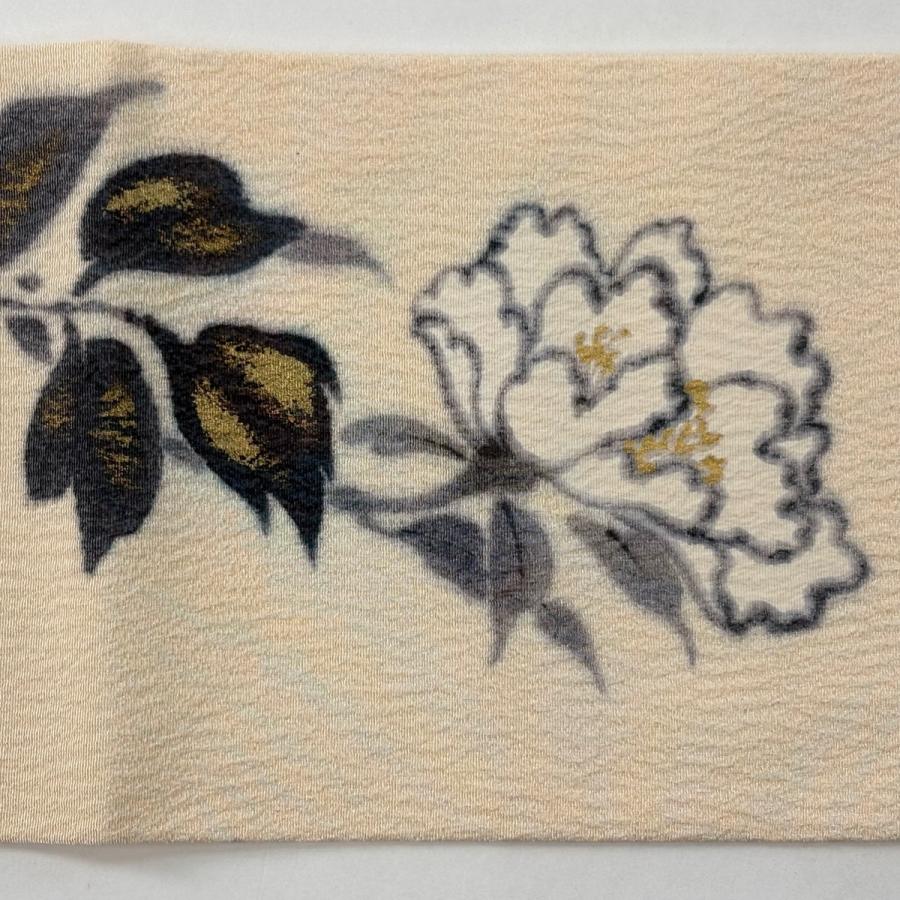 美品 名古屋帯 名品 落款あり 山科春宣 牡丹 金彩 薄オレンジ 正絹