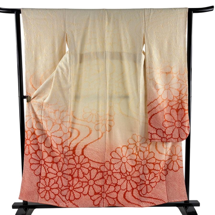 振袖 身丈156.5cm 裄丈63cm S 袷 菊 総絞り ベージュ 正絹 秀品 中古 