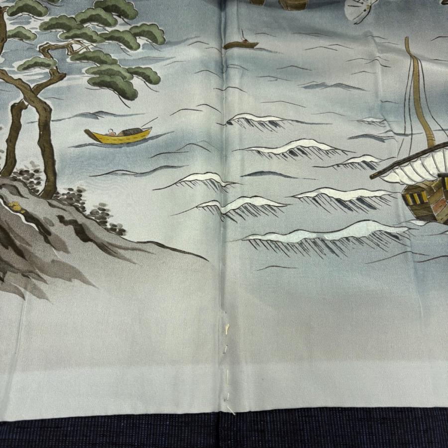 美品 男着物 身丈150cm 裄丈72.5cm L 袷 アンサンブル 紬 紺色 正絹 秀
