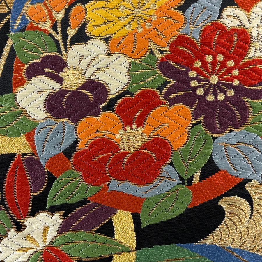 美品 袋帯 正絹 黒地 金糸 華文 蝶 花唐草 豪華絢爛 振袖 訪問着 豪華