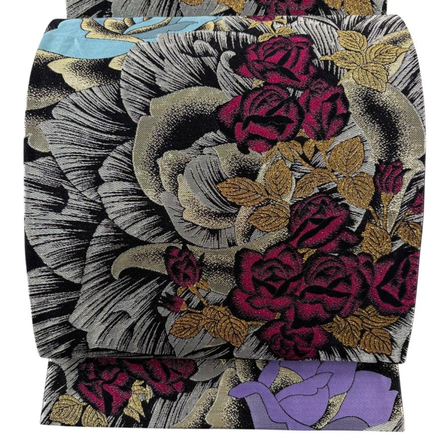 美品 袋帯 秀品 振袖向き 薔薇 箔 銀色 六通 正絹 中古 : リユース