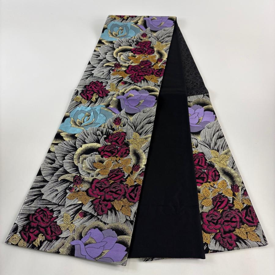 美品 袋帯 秀品 振袖向き 薔薇 箔 銀色 六通 正絹 中古 : リユース