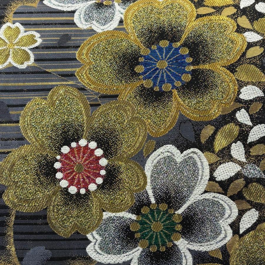 美品 袋帯 秀品 桜 縞 金糸 箔 灰色 六通 正絹 中古 : リユース 