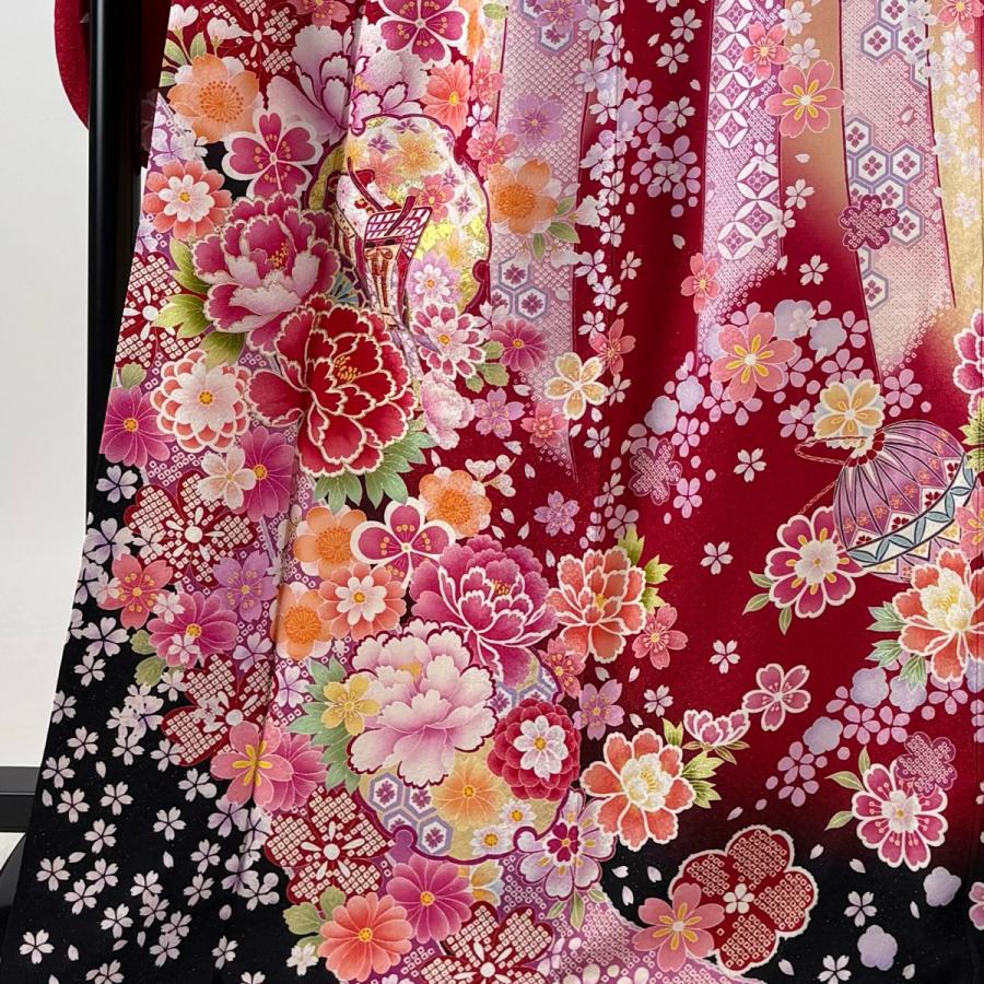 美品 振袖 身丈169.5cm 裄丈69cm L 袷 袋帯フルセット 御所車 牡丹 