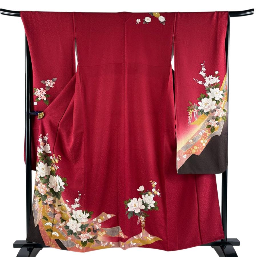 振袖 身丈160cm 裄丈68cm L 袷 牡丹 熨斗 金彩 ぼかし 赤 正絹 秀品 