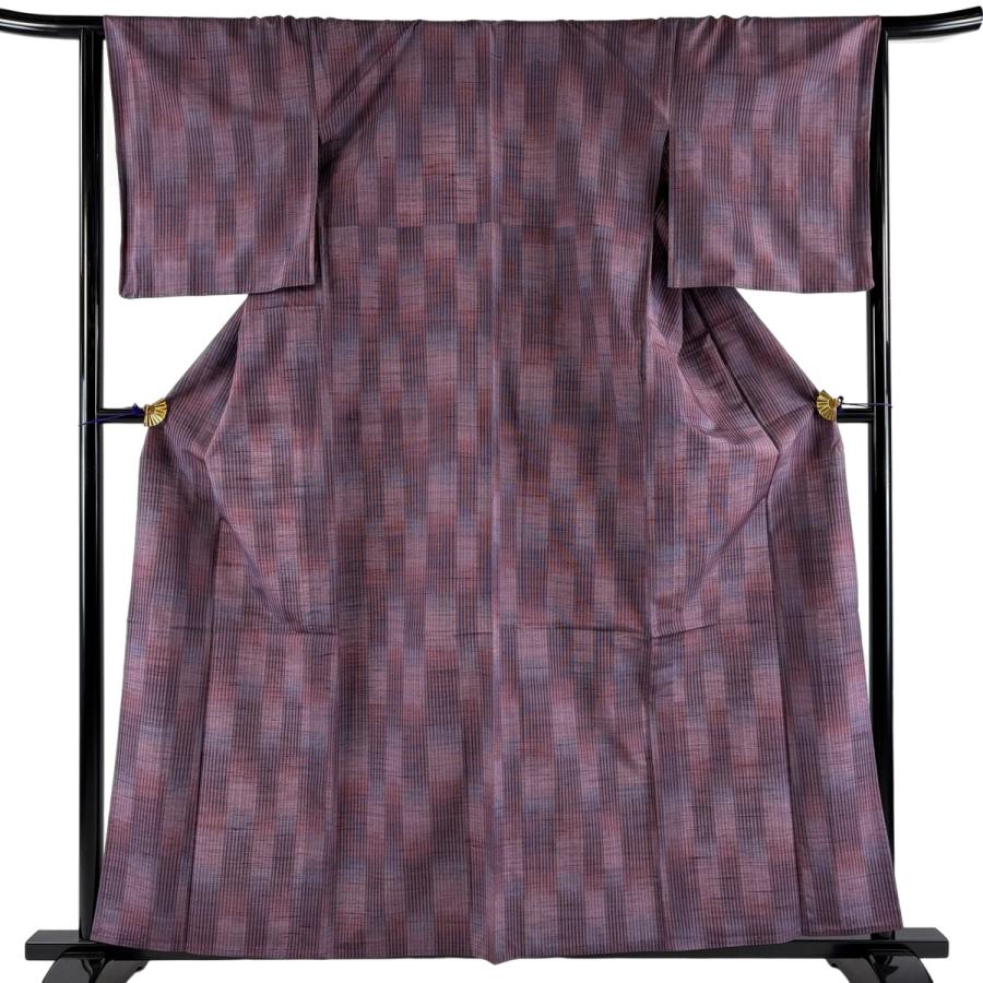 美品 紬 身丈159cm 裄丈65cm M 単衣 証紙あり 縞 変わり市松 紫 正絹