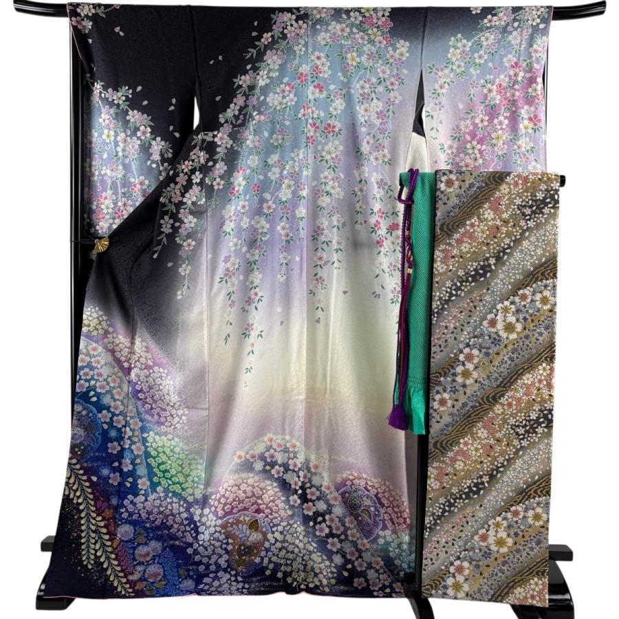 美品 振袖 身丈173.5cm 裄丈67.5cm L 袷 袋帯フルセット 雪輪 桜 銀 