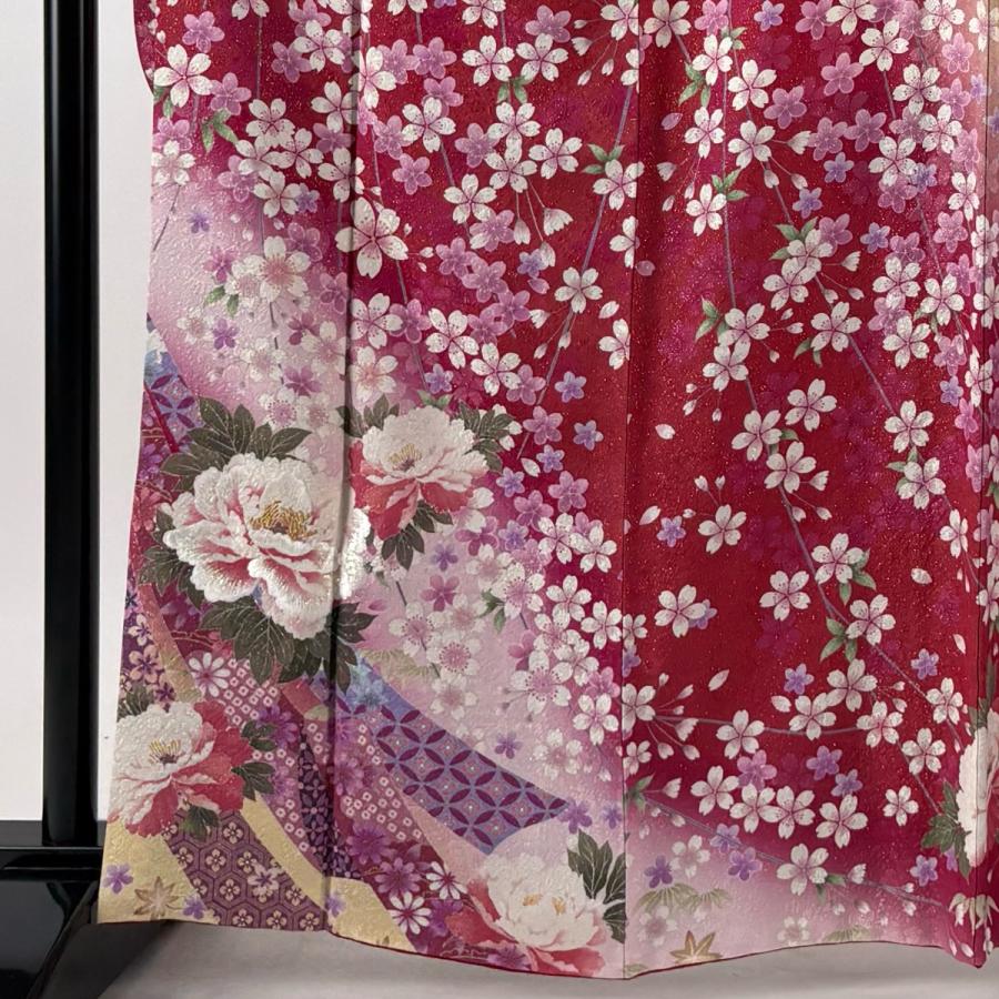 美品】 振袖 身丈163cm 裄丈66.5cm M 袷 牡丹 菊 金糸 金彩 黒灰 正絹
