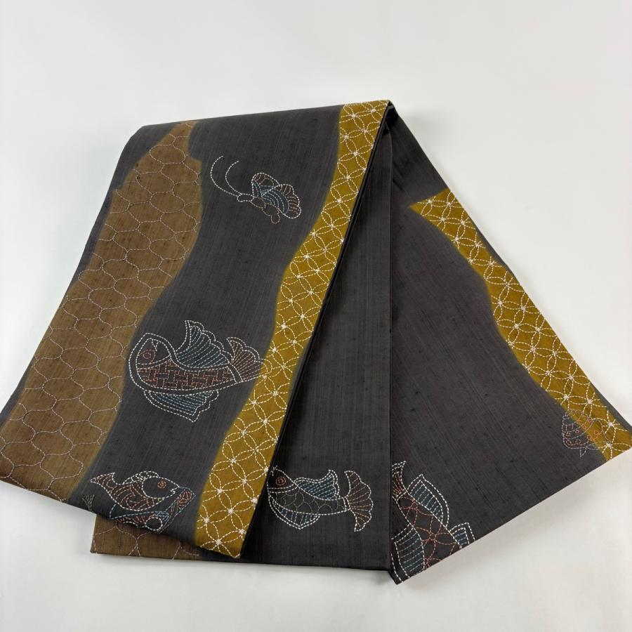 袋帯 秀品 紬地 魚 有職文様 刺し子刺繍 灰茶 お太鼓柄 正絹 中古