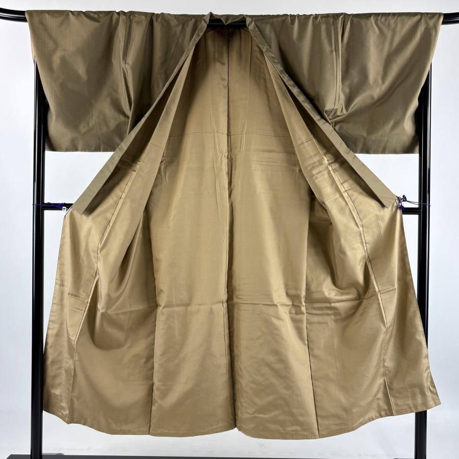 美品 男着物 身丈147.5cm 裄丈73cm M 袷 アンサンブル 紬 縞 薄茶色