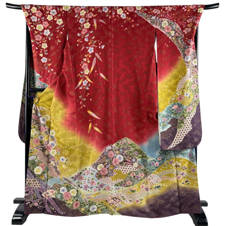 振袖 身丈166cm 裄丈72cm L 袷 辻が花柄 霞 金通し 金彩 赤 正絹 名品