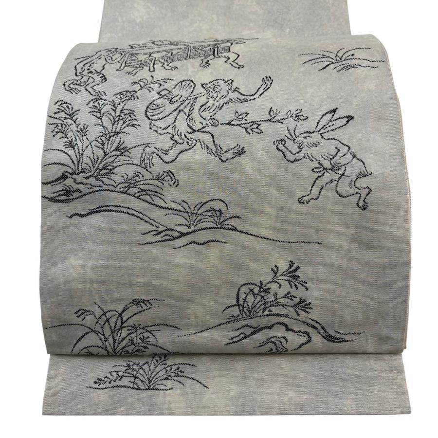 袋帯 名品 鳥獣戯画 ベージュ お太鼓柄 正絹 中古 : リユースセレクト