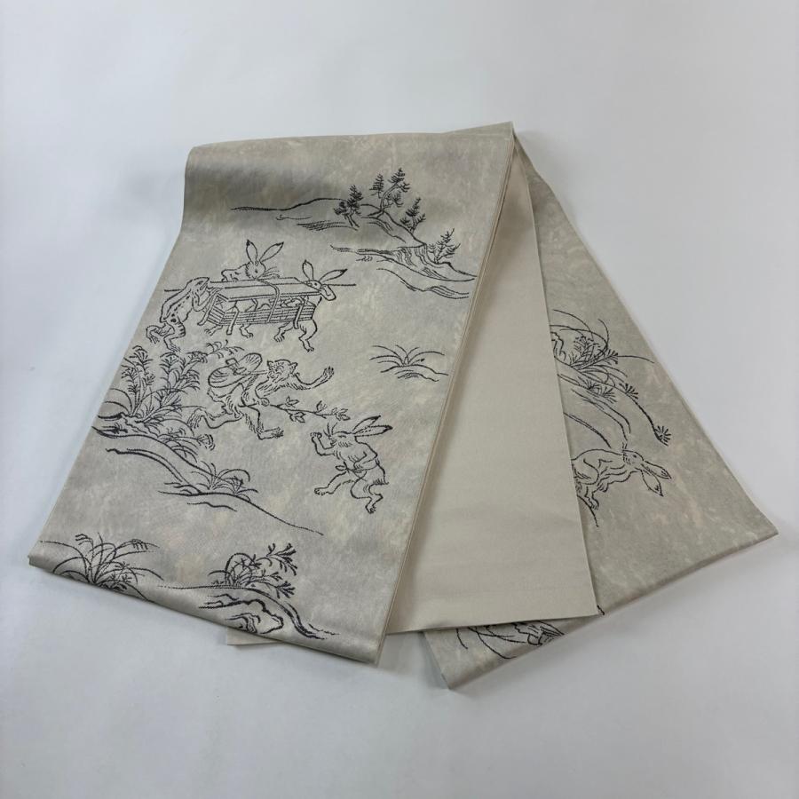 袋帯 名品 鳥獣戯画 ベージュ お太鼓柄 正絹 中古 : リユースセレクト