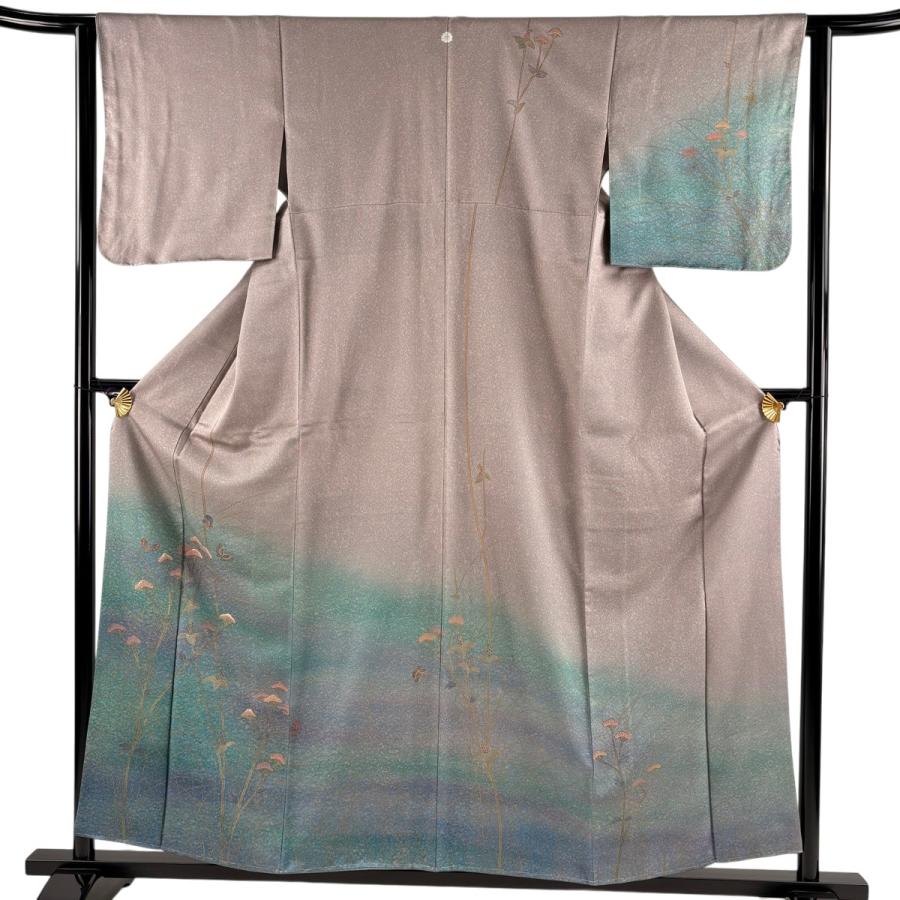 訪問着 身丈157cm 裄丈63cm S 袷 草花 蝶 金糸 金彩 灰紫 正絹 秀品 一