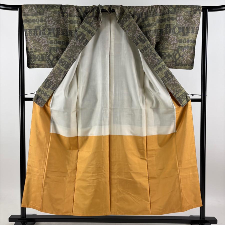 美品 大島紬 身丈153cm 裄丈64.5cm M 袷 証紙あり 草花 幾何学模様