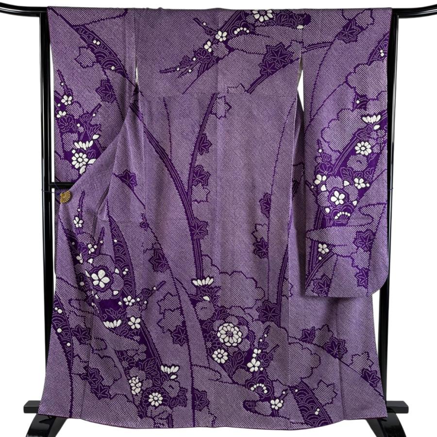 美品 振袖 身丈163cm 裄丈64cm M 袷 梅 楓 総絞り 紫 正絹 秀品 中古 