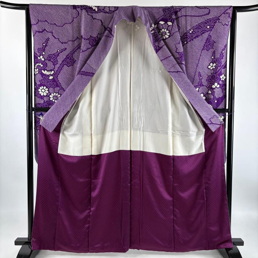 美品 振袖 身丈163cm 裄丈64cm M 袷 梅 楓 総絞り 紫 正絹 秀品 中古