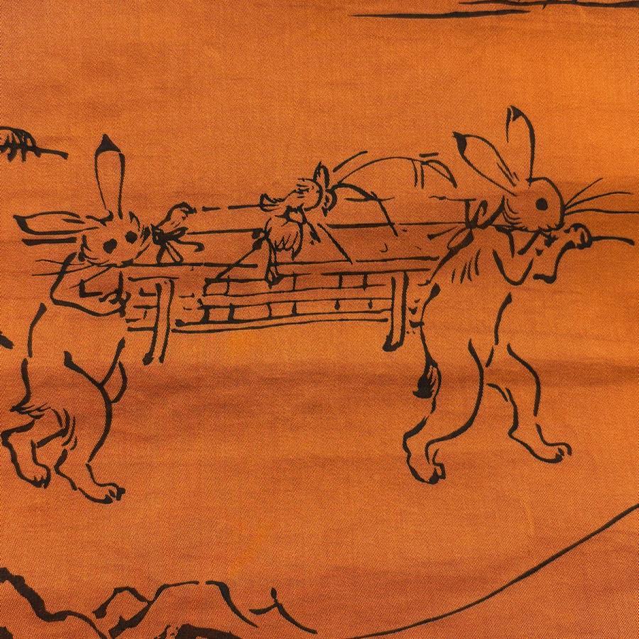 袋名古屋帯 秀品 落款あり 鳥獣戯画 うさぎ オレンジ 正絹 中古