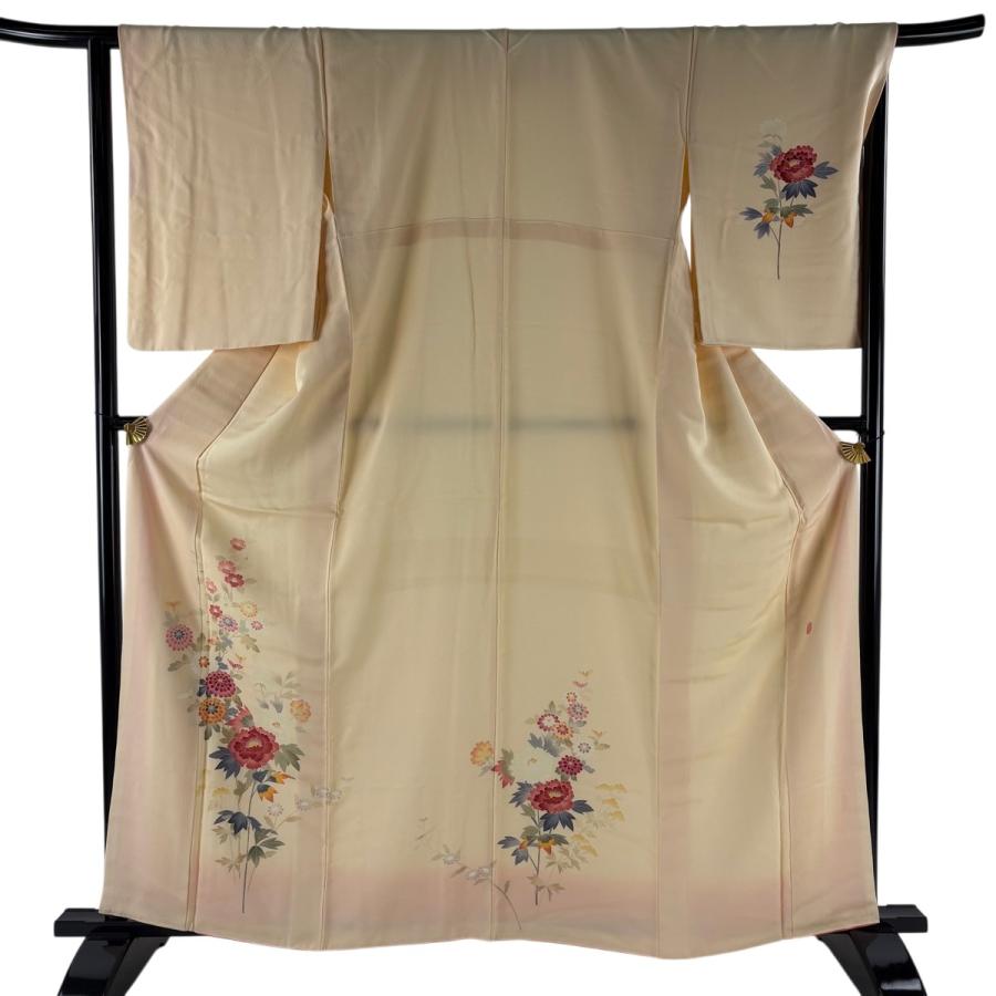 付下げ 身丈162cm 裄丈65.5cm M 袷 草花 薄オレンジ 正絹 名品 中古