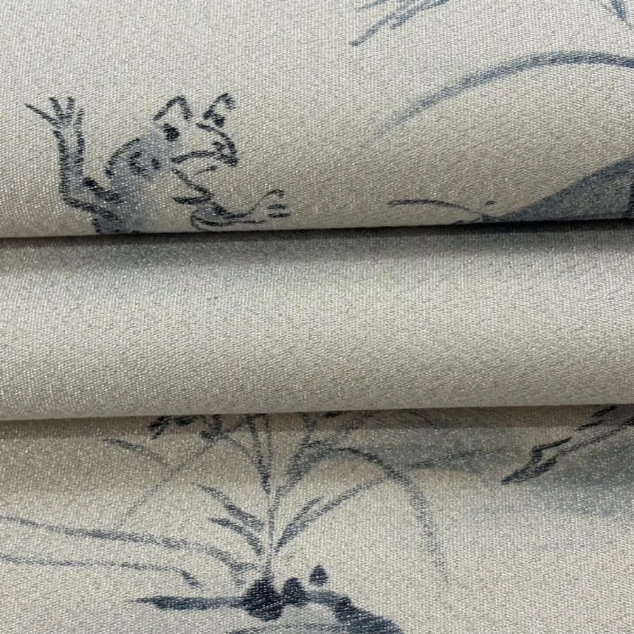 袋帯 逸品 落款あり 鳥獣戯画 銀糸 銀色 お太鼓柄 正絹 中古