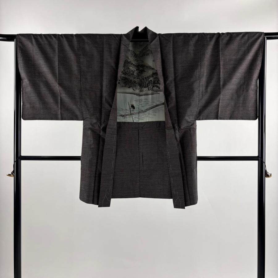 男着物 身丈137cm 裄丈66.5cm S 袷 アンサンブル 紬 幾何学 焦茶色