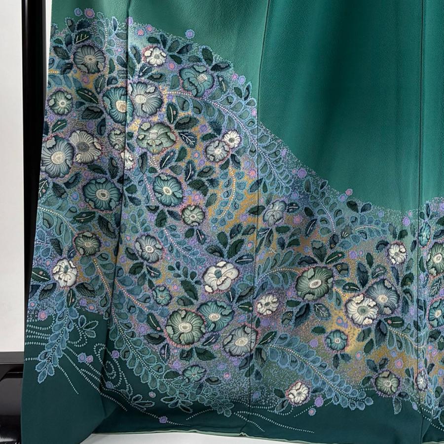 振袖 身丈171cm 裄丈66cm M 袷 辻が花柄 金彩 緑 正絹 名品 中古