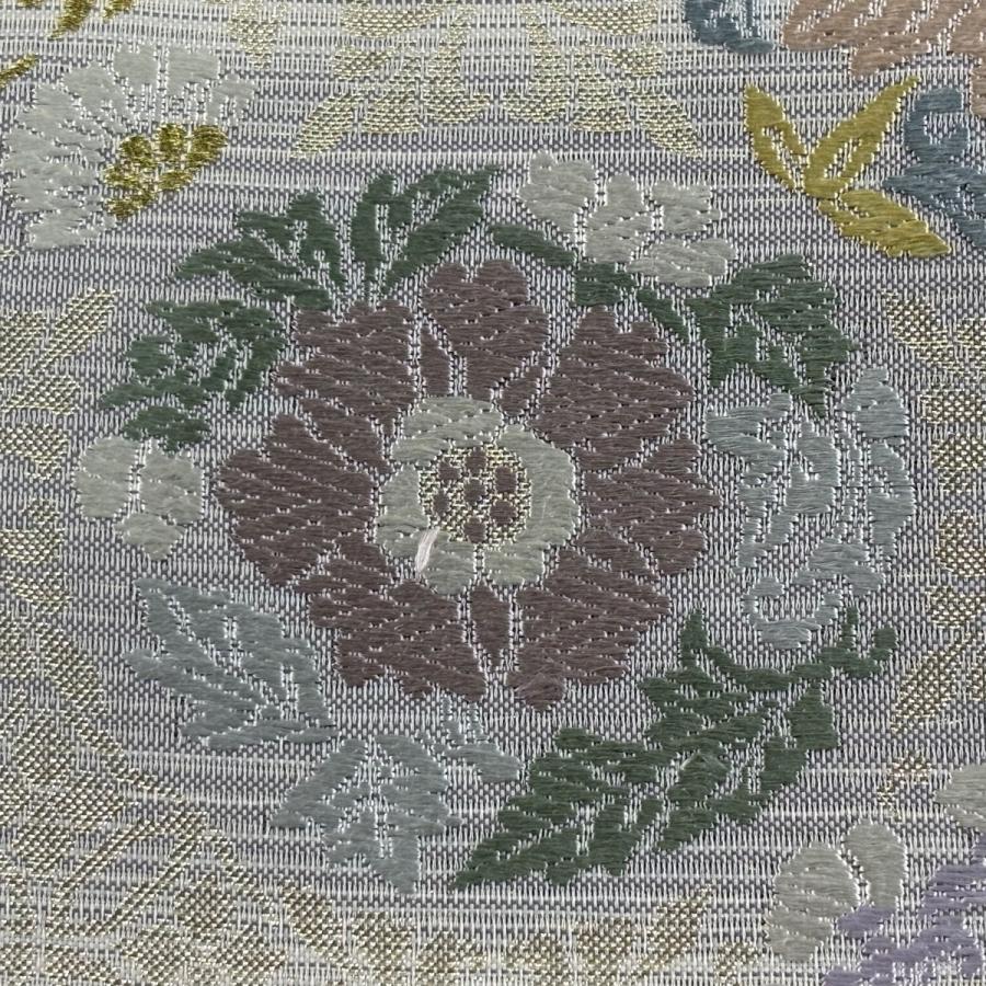 袋帯 名品 夏帯 絽 貝紫唐織 花鳥 菊 箔 灰白 六通 正絹 中古 