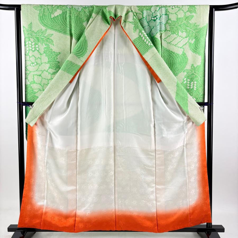 振袖 身丈158.5cm 裄丈63cm S 袷 牡丹 流水 総絞り 黄緑色 正絹 秀品