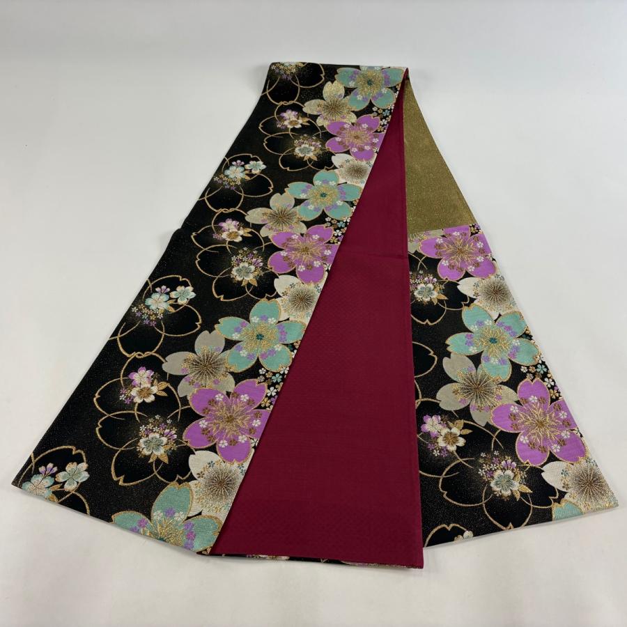 u*e様 美品 正絹 袋帯 桜模様織出し全通袋帯 六通柄 黒地 金彩 梅 笹 美品 袋帯 秀品 振袖向き 桜 金糸 箔 黒 六通 正絹 中古 : リユース