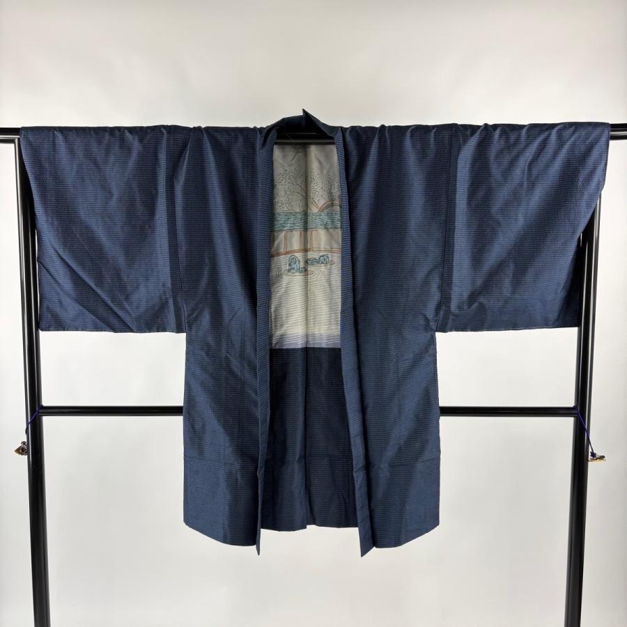 美品 男着物 身丈157cm 裄丈70.5cm L 袷 アンサンブル 紬 亀甲絣 紺色