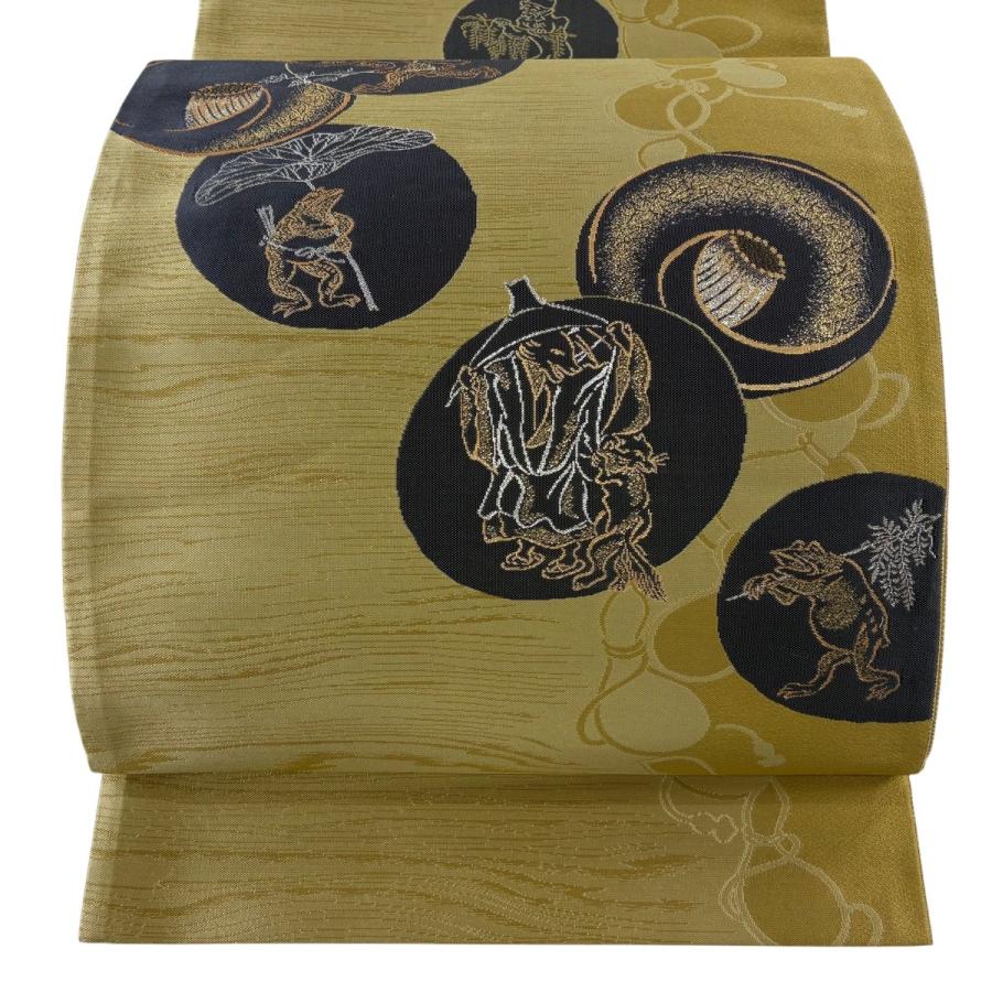 美品 袋帯 逸品 鳥獣戯画 瓢箪 箔 薄黄土色 お太鼓柄 正絹 中古 