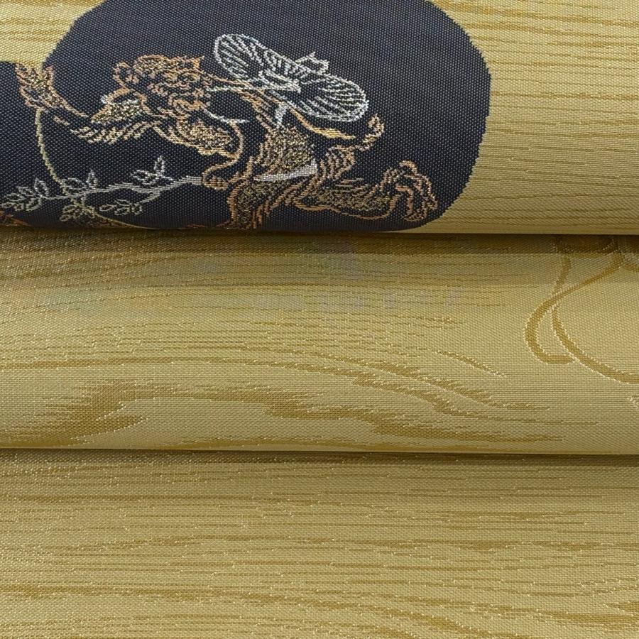 美品 袋帯 逸品 鳥獣戯画 瓢箪 箔 薄黄土色 お太鼓柄 正絹 中古 