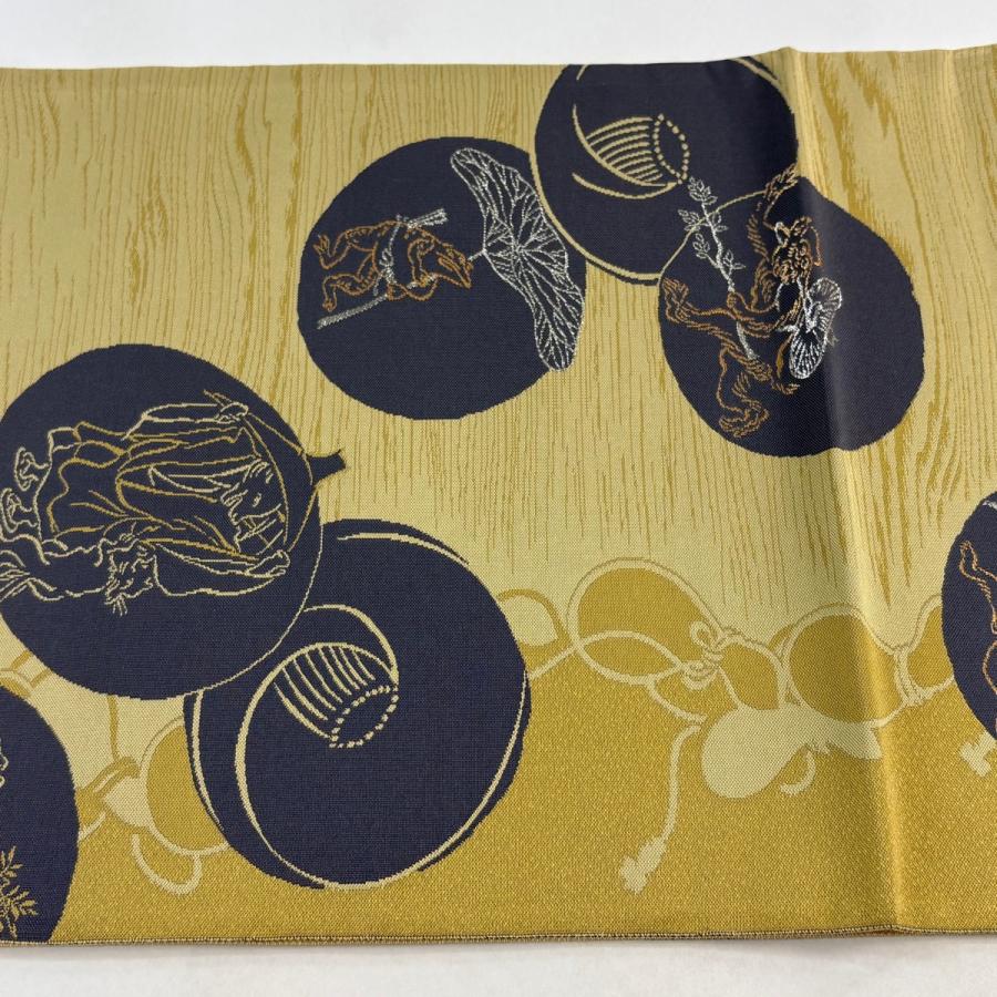 美品 袋帯 逸品 鳥獣戯画 瓢箪 箔 薄黄土色 お太鼓柄 正絹 中古 