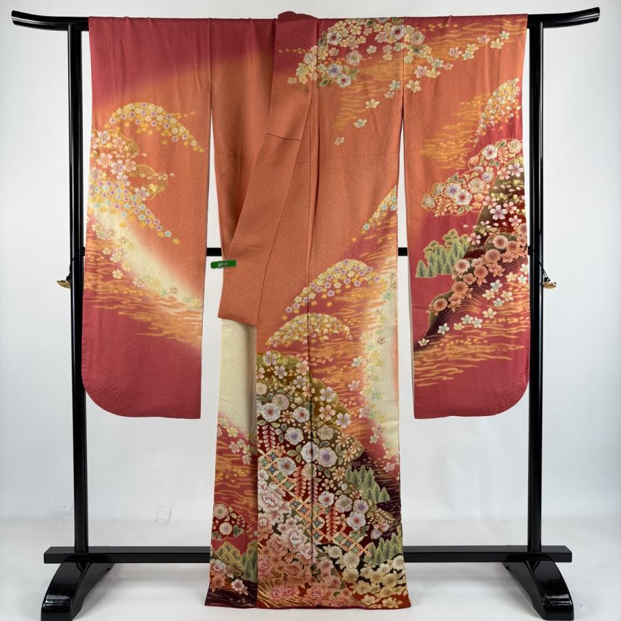 振袖 身丈167.5cm 裄丈68cm L 袷 辻が花柄 樹木 銀通し 金彩 オレンジ