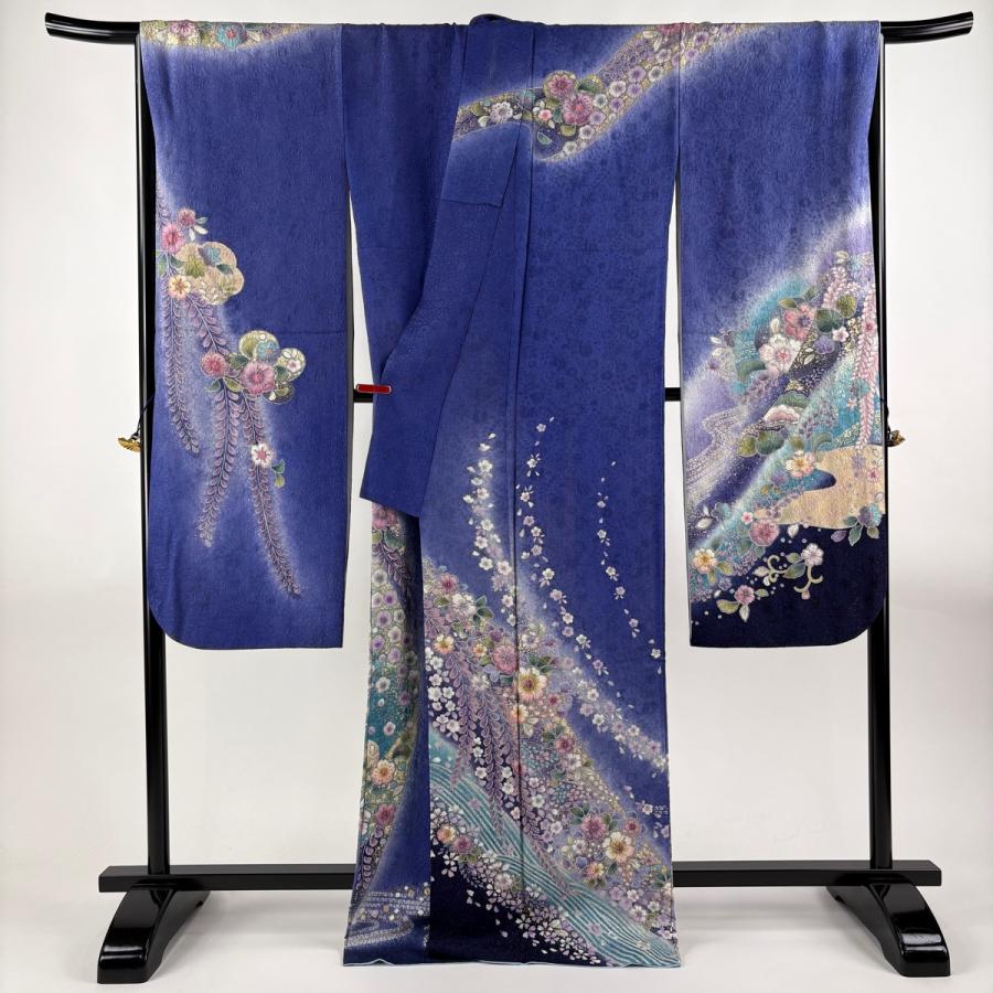 在庫一掃】 振袖 身丈172cm 裄丈68cm L 袷 桜 辻が花柄 金彩 絞り 青紫